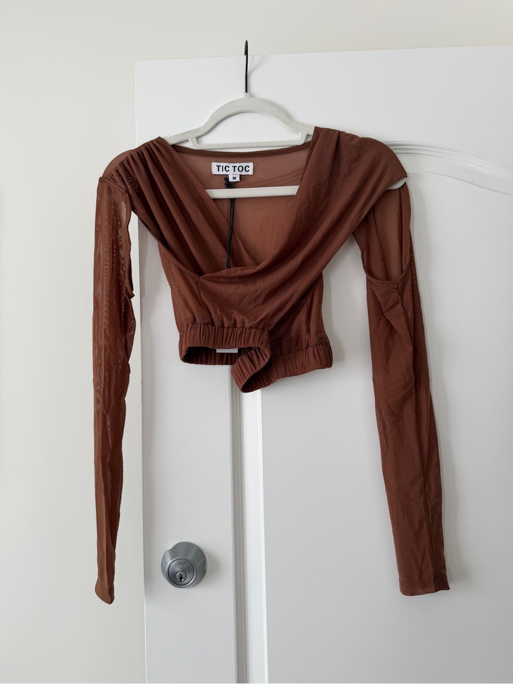 TIC TOC Brown Sheer Long-Sleeve Draped Crop Top